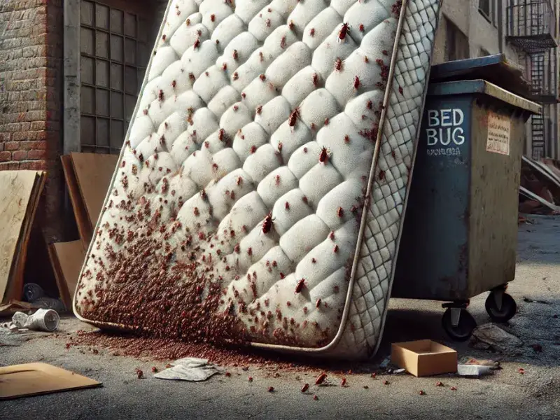 Discarded mattress with bed bug infestation in an urban alley.