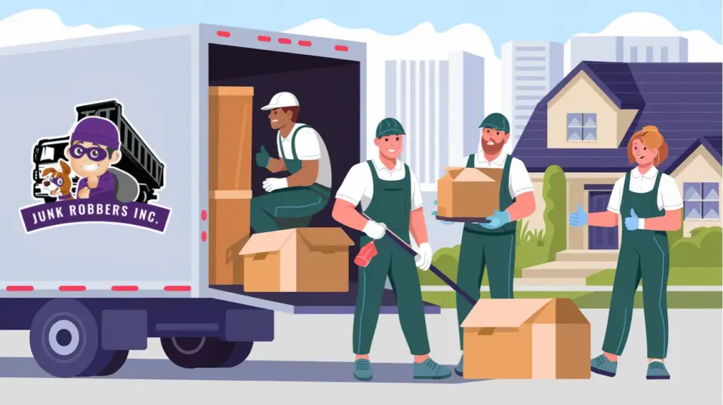 Junk Robbers Inc team loading boxes onto a truck in Chicago, with a smiling homeowner giving a thumbs-up in front of a clean house.