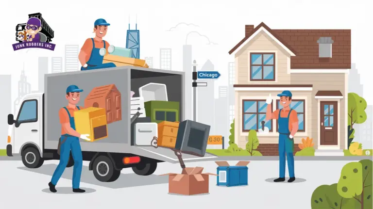Junk removal team from Junk Robbers Inc loading unwanted items into a truck in Chicago, with a happy homeowner giving a thumbs-up.